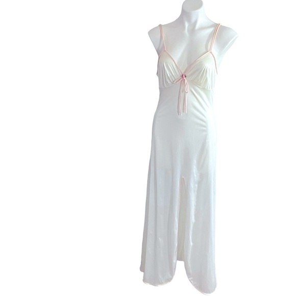 Vintage Val Mode Ivory Pink Chiffon Semi Sheer Nightgown Sheer Robe in Pink Trim - Picture 1 of 16